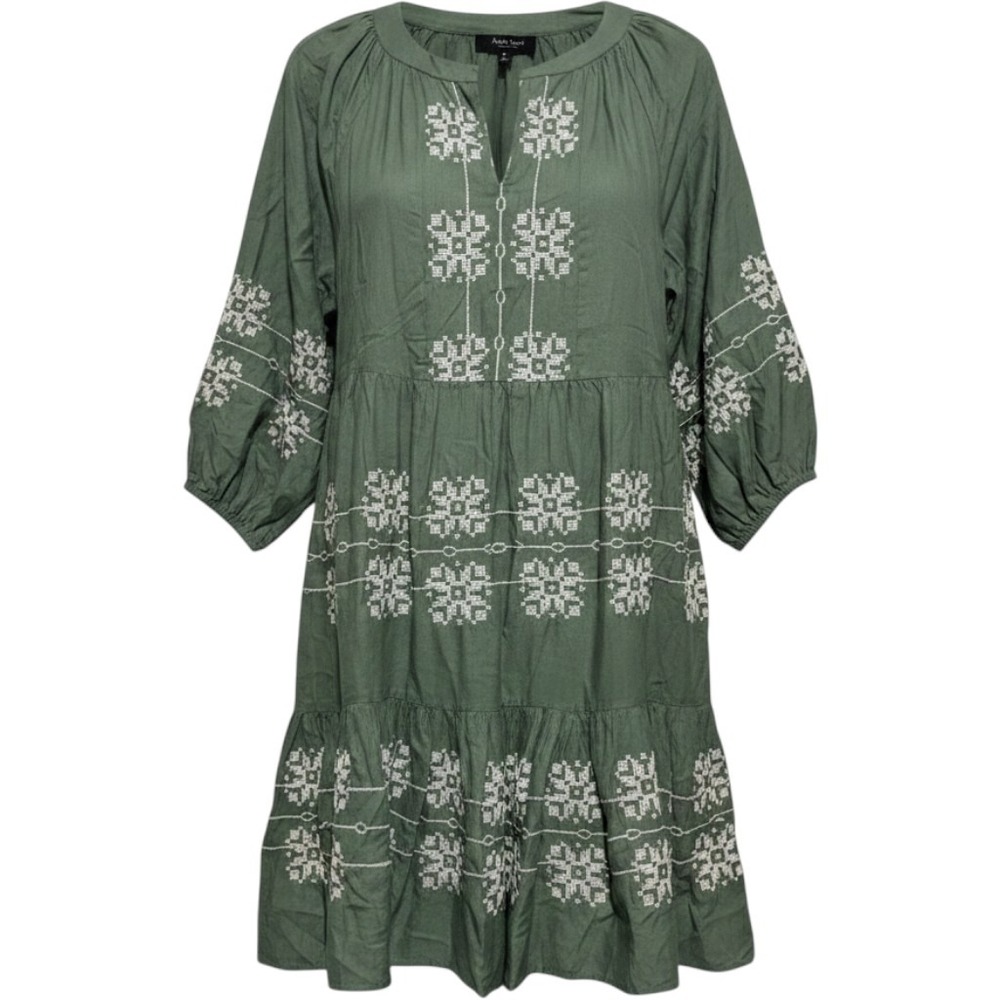 Arna York Sage Embroidered Tiered Midi Dress Plus Sz 20 Boho peasant long sleeve